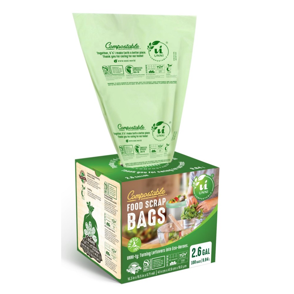 UNNI Compostable Trash Bags, 2.6 Gallon / 9.84 Liter, 200 Count, Extra Thick 0.71 Mil Small Kitchen Food Scrap Bin Liners, Certified by BPI, CMA & OK compost HOME, Meets the ASTM D6400 Standard