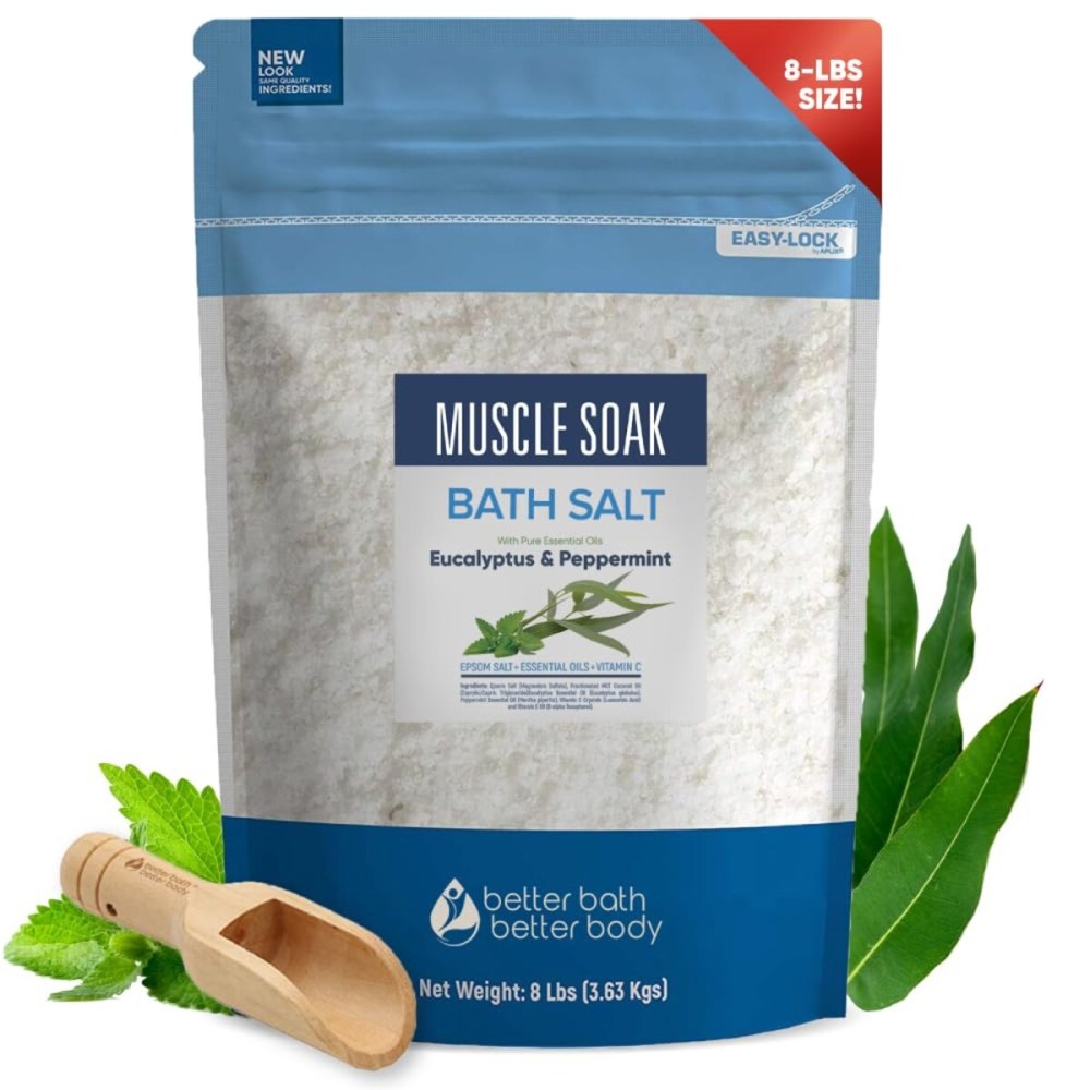 Muscle Soak Bath Salt 128 Ounces Epsom Salt with Natural Peppermint and Eucalyptus Essential Oils Plus Vitamin C in BPA Free Pouch with Easy Press-Lock Seal