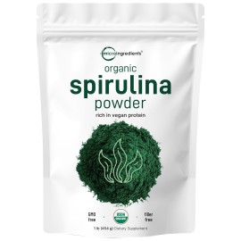 Micro Ingredients Organic Spirulina Powder,16 Ounce,Raw Spirulina(Arthrospira Platensis),The Richest Sources of 70% Vegan Protein,Containers Minerals, Vitamins,Non-GMO&Non-Irradiation,1 Pound(Packof1)