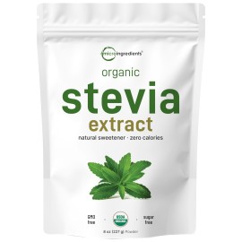 Pure Organic Stevia Powder, 8 Ounces, 1418 Serving, Highest Grade Stevia Green Leaf Extract Reb-A, Reduced Bitter Aftertaste, 0 Calorie, Natural Sweetener, Sugar Alternative, Keto Friendly