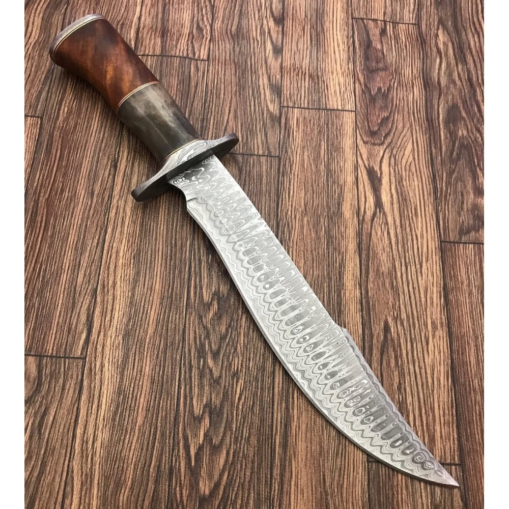 Handmade Damascus Steel 15.25 Inches Bowie Knife - Solid Marindi Wood/Bone Handle(Case/Knife may vary slightly) (REG-49)