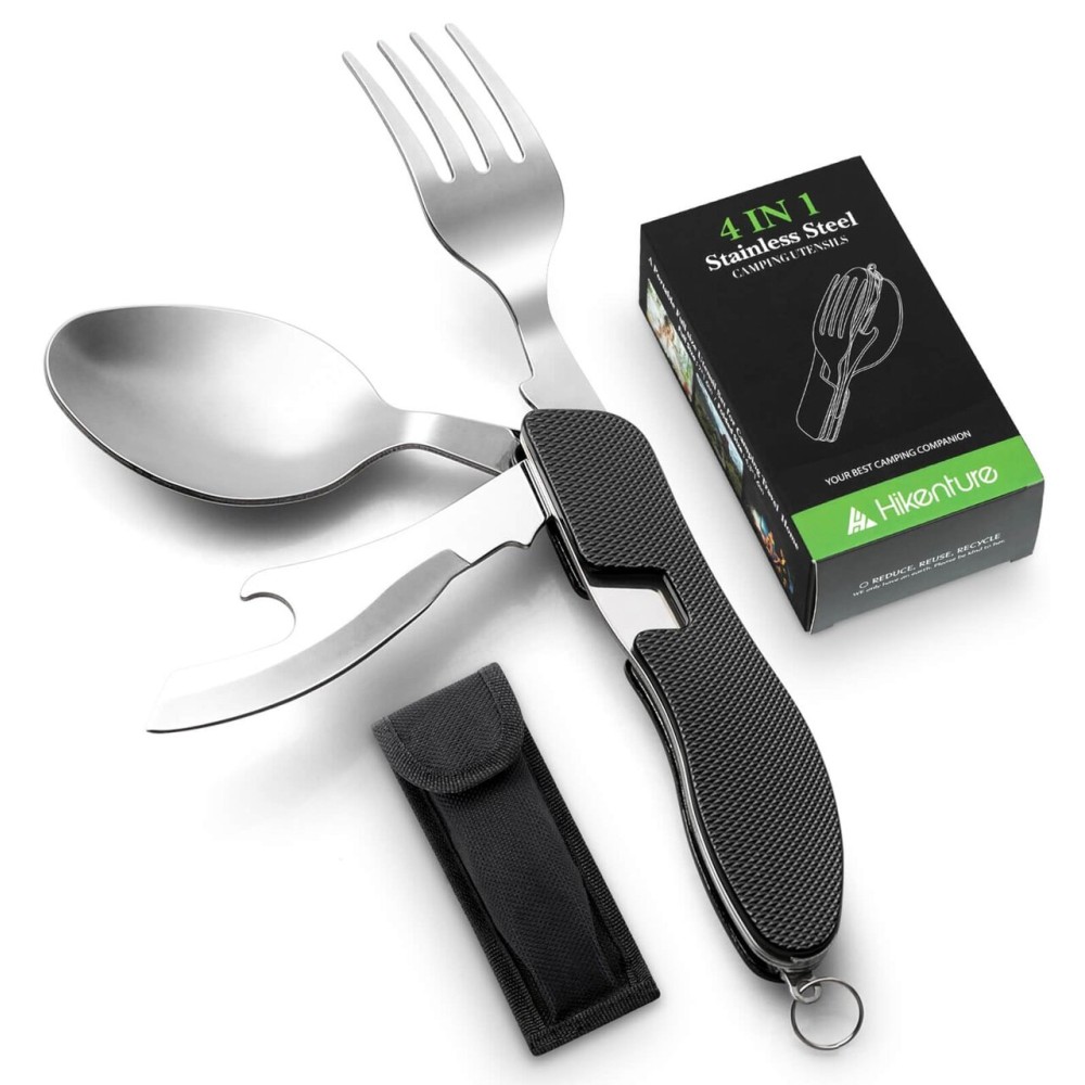 Camping Utensil HIKENTURE 4-In-1 Stainless Steel Fork Knife Spoon Bottle Opener Set with Storage Case (Black)