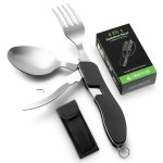 Camping Utensil HIKENTURE 4-In-1 Stainless Steel Fork Knife Spoon Bottle Opener Set with Storage Case (Black)