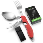 Camping Eating Utensils HIKENTURE 4-In-1 Stainless Steel Spoon Fork Knife Bottle Opener Set,Foldable Backpacking Cutlery for Traveling, Hiking, Boy Scout Gift(Red)
