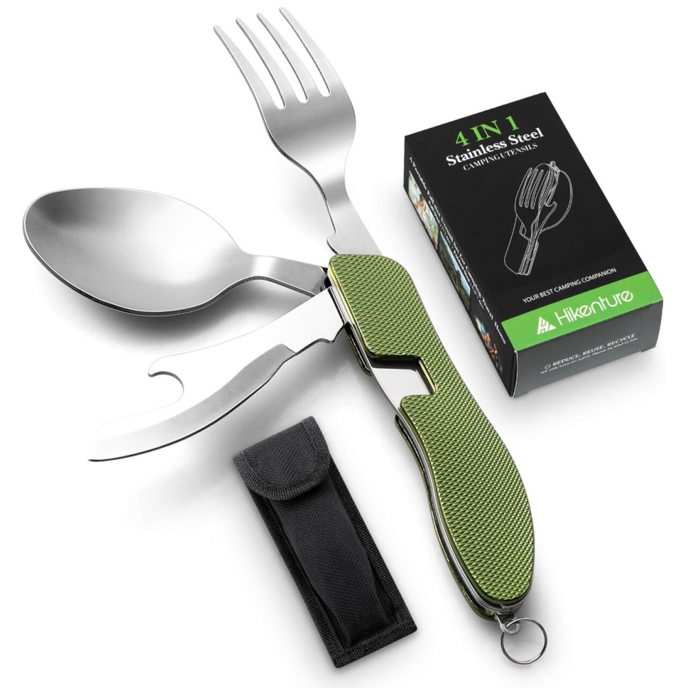 HIKENTURE 4-in-1 Camping Utensils,Stainless Steel Spoon Fork Knife Combo with Bottle Opener,Backpacking Eating Cutlery for Traveling,Hiking,Scouting Hobo Multitool Set (Army Green)