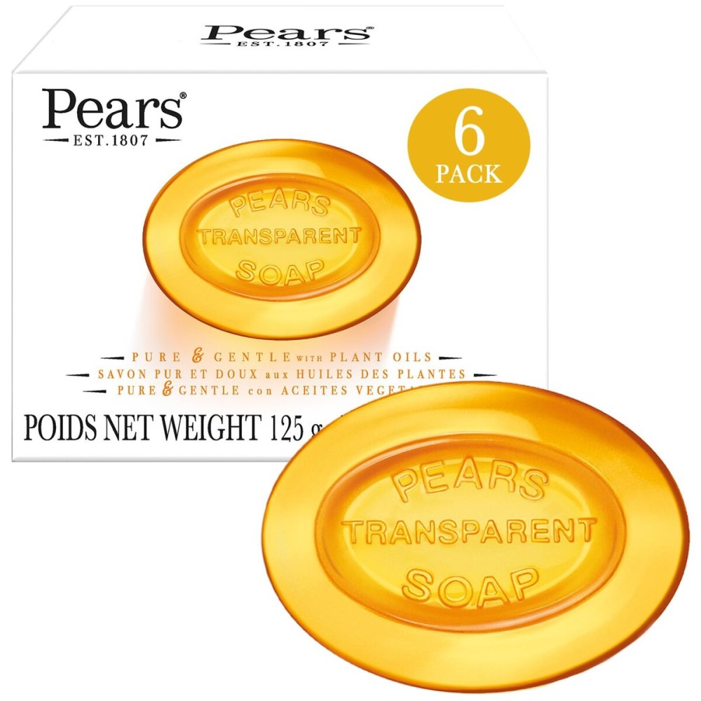 Pears Soap, Pure & Gentle with Natural Oils, 6-Pack - Transparent Amber Glycerin Soap for Pampered, Glowing Skin, 4.4 Oz Ea