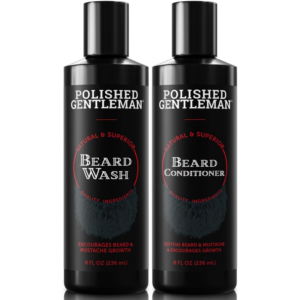 Polished Gentleman Beard Wash and Conditioner Set - Softens and Strengthens - Beard Shampoo with Growth Oil - Moisturizer & Beard Thickener - Tea Tree Unscented - Paraben-Free & Sulfate-Free (4oz)