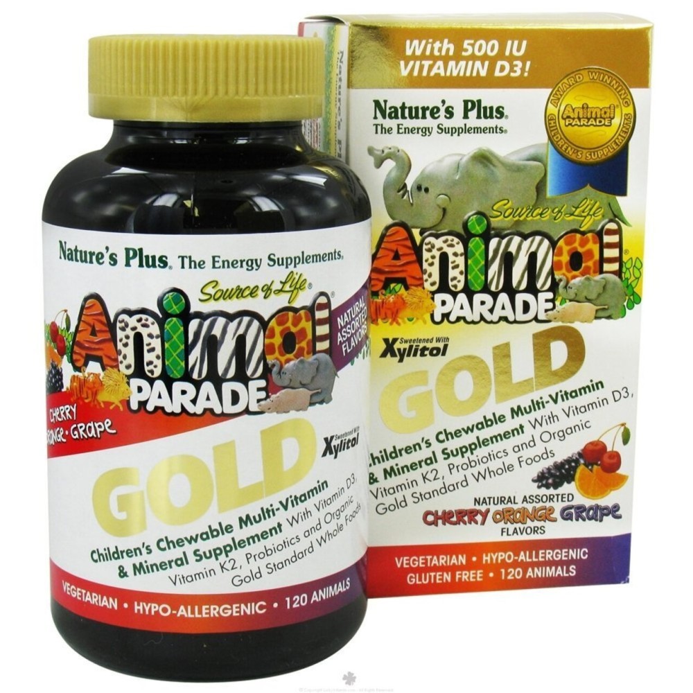 NaturesPlus Animal Parade Gold Children\'s Multivitamin - Assorted Cherry, Orange & Grape Flavors - 120 Animal-Shaped Chewable Tablets, Pack of 2 - Vegan, Gluten Free - 120 Total Servings