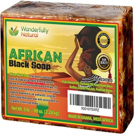 Wonderfully Natural Organic African Black Soap - 5 Pound Best for Acne, Eczema, Dry Skin, Psoriasis, Scars, Dermatitis, White Heads Pimples, Face & Body Wash, Raw Handcrafted Beauty Scrub Bar