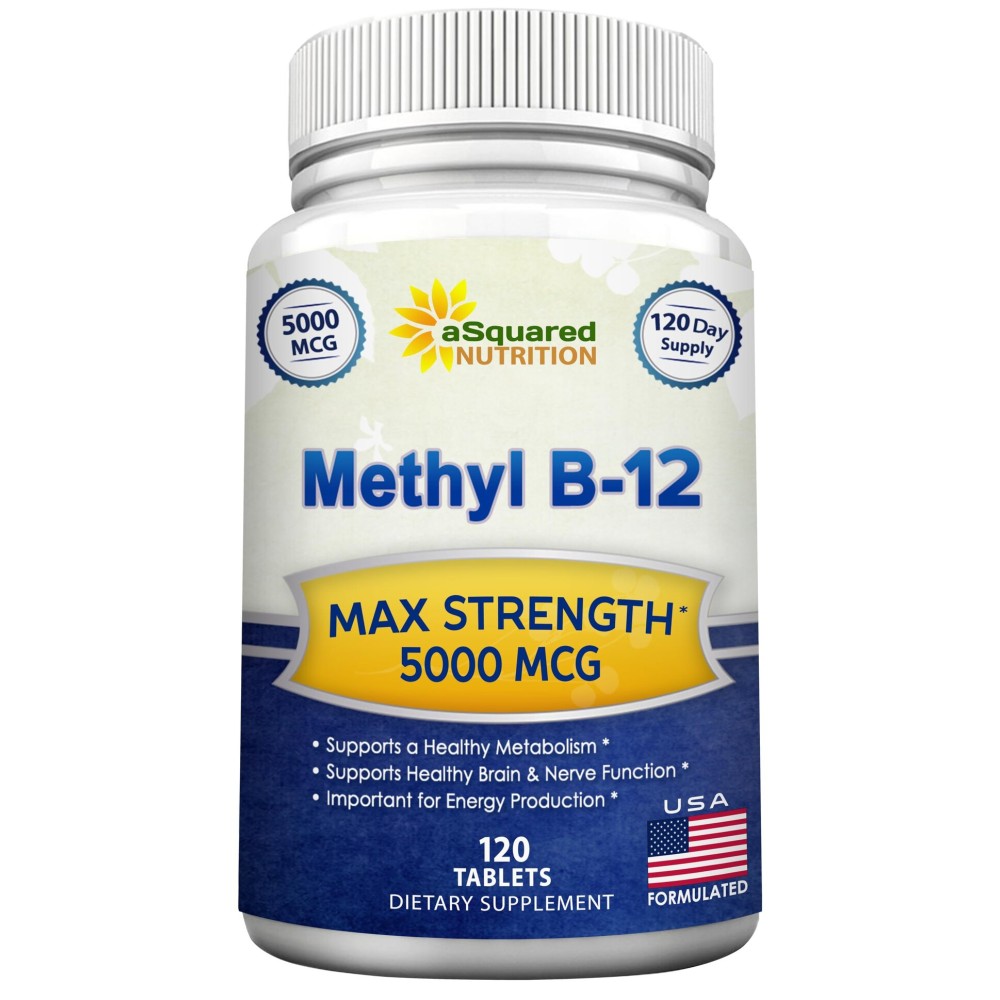 aSquared Nutrition Vitamin B12-5000 MCG Supplement with Methylcobalamin (Methyl B-12) - Max Strength Vitamin B 12 Support to Help Boost Natural Energy, Benefit Brain & Heart Function - 120 Tablets