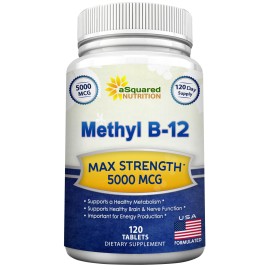 aSquared Nutrition Vitamin B12-5000 MCG Supplement with Methylcobalamin (Methyl B-12) - Max Strength Vitamin B 12 Support to Help Boost Natural Energy, Benefit Brain & Heart Function - 120 Tablets