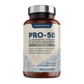 Vitamin Bounty Pro-50 Probiotics 50 Billion CFU for Women & Men - 13 Multi Strain Probiotic + Prebiotic - Digestive Health Supplements for Gut Health Support - Delayed Release Capsules for Men & Women