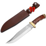 Mossy Oak 14-inch Bowie Knife, Full-tang Fixed Blade, Wood Handle Hunting Knife with Leather Sheath for Camping, Hiking, Survival