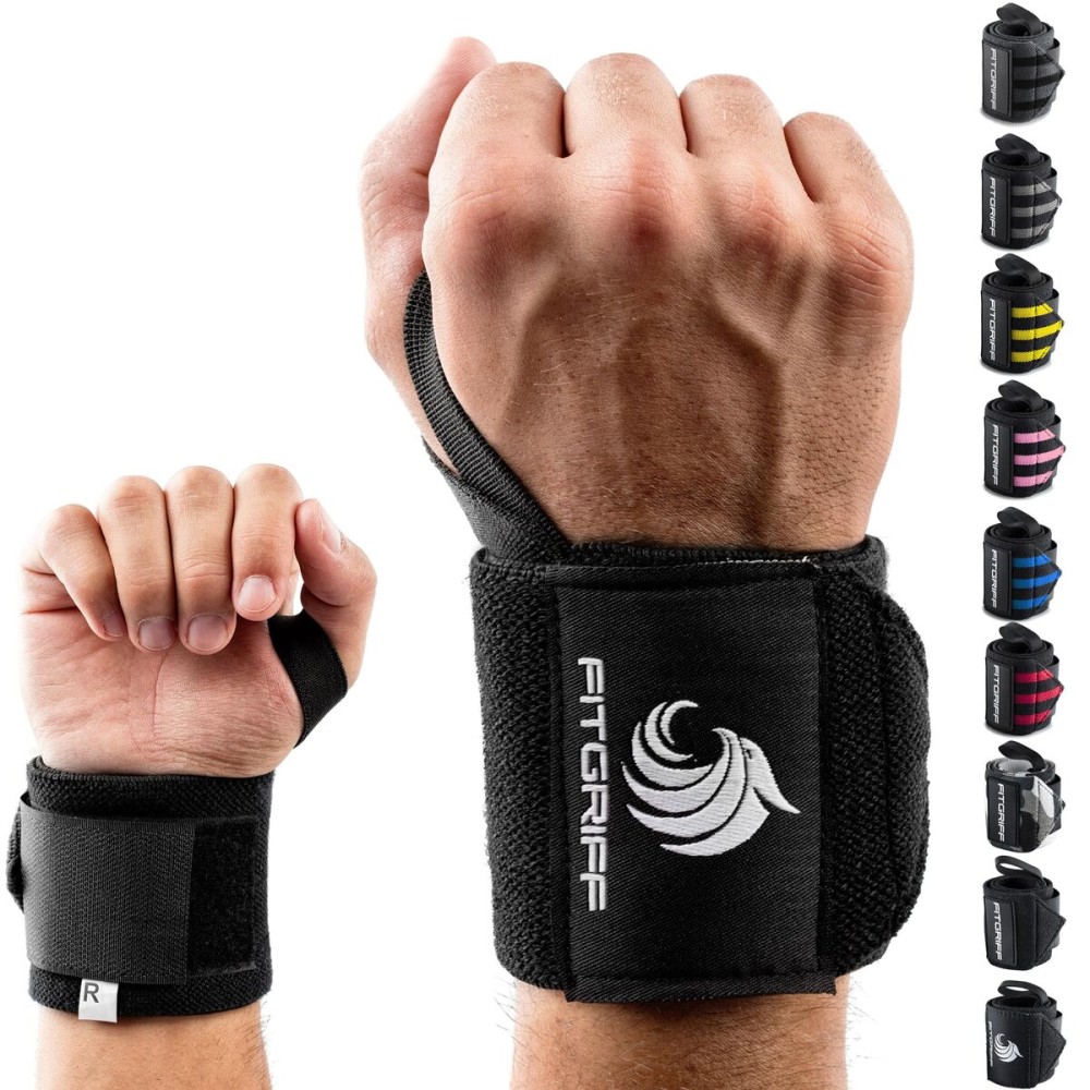 Fitgriff Wrist Wraps for Weightlifting (18) Heavy-Duty Support for Gym, Bench Press, and Pushups (1 Pair) - for Men and Women (Black Original)