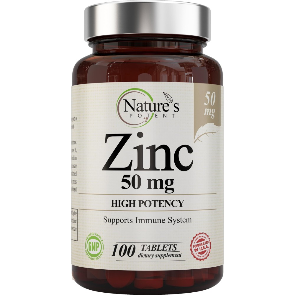 Zinc 50mg [High Potency] Supplement - Immune Support System from Natural Zinc (Oxide/Citrate) 100 Tablets, Made by Natures Potent.