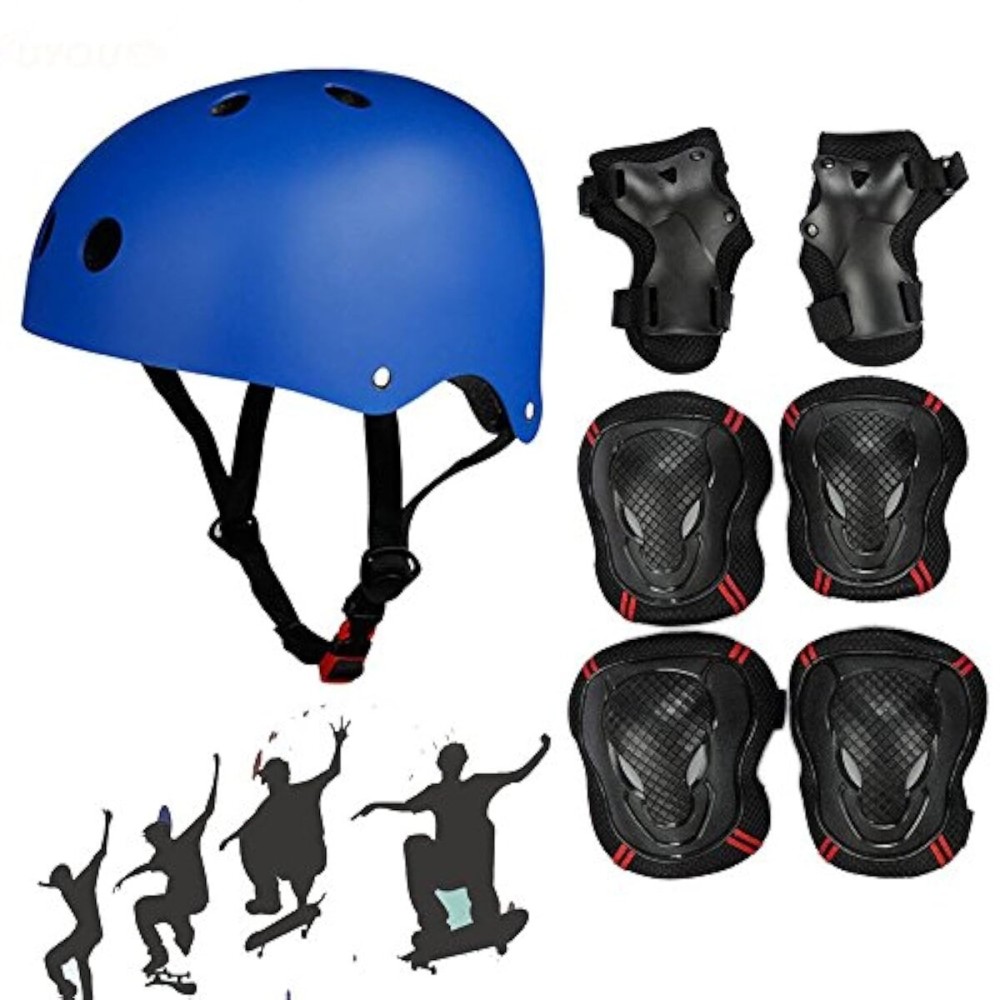 Besmall Adjustable Skateboard Skate Helmet with Protective Gear Knee Pads Elbow Pads Wrist Pads for Youth Outdoor Sports, BMX, Skateboard, Scooter, Bike, Roller, Kid\'s Protective Gear Set Blue M