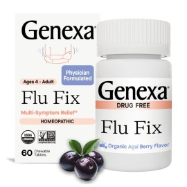 Genexa Flu Fix | Multi-Symptom Flu Remedy for Kids & Adults | Relieves Aches, Fever, Congestion | Acai Berry Flavor | Organic & Non-GMO | Homeopathic Remedy Made Clean | 60 Chewable Tablets, Ages 4+