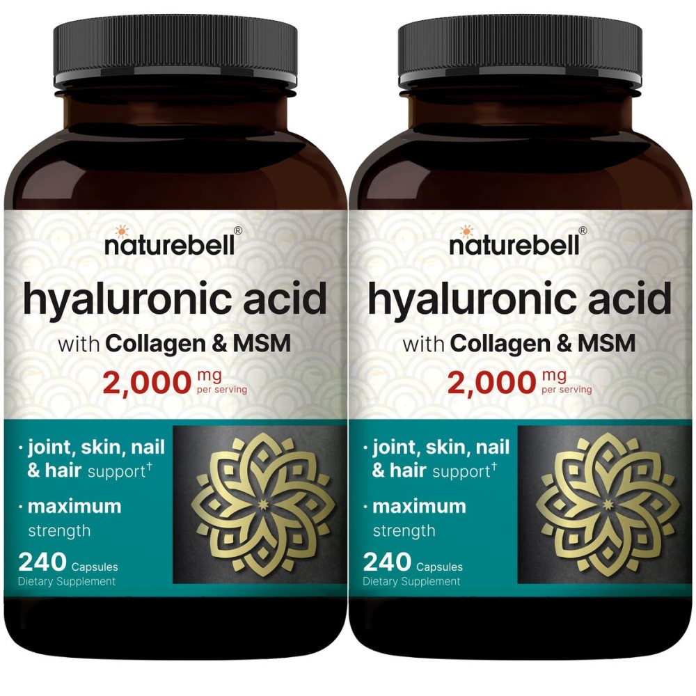 NatureBell 2 Pack Hyaluronic Acid Supplements 2,000 mg | 480 Total Capsules, with MSM & Hydrolyzed Bovine Collagen - 3 in 1 Support for Skin Hydration, Joint Lubrication, Hair, and Eye Health