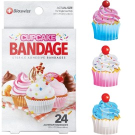 BioSwiss Bandages, Cupcake Shaped Self Adhesive Bandage Set, Latex Free, Sterile Wound Care, 24 Count