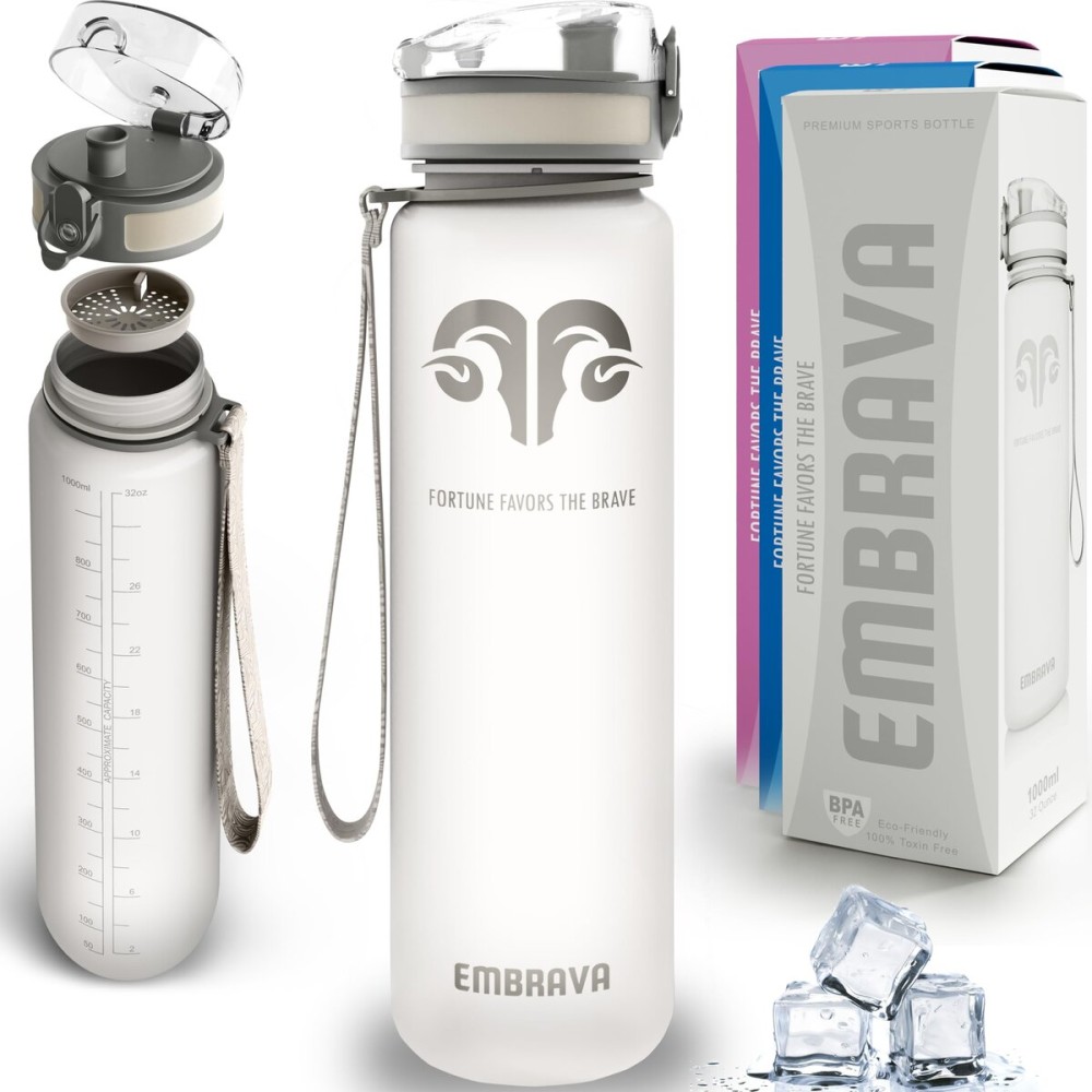 Embrava Best Sports Water Bottle - 32oz - Leakproof & BPA Free, Ideal for Gym, Hiking & Travel - Flip Top, Wide Mouth, Durable Tritan Plastic - Water Bottle with Strap & Filter - White