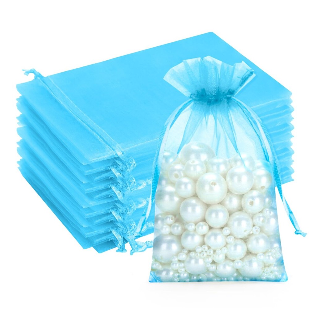 G2PLUS Organza Bags 46 Inches, 100PCS Blue Organza Gift Bags with Drawstring, Sheer Mesh Jewelry Pouches Candy Bag for Christmas, Wedding Party Favors (Lake Blue)