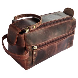 RUSTIC TOWN Leather Toiletry Bag for Men - Hygiene Organizer Travel Dopp Kit (Walnut Brown)