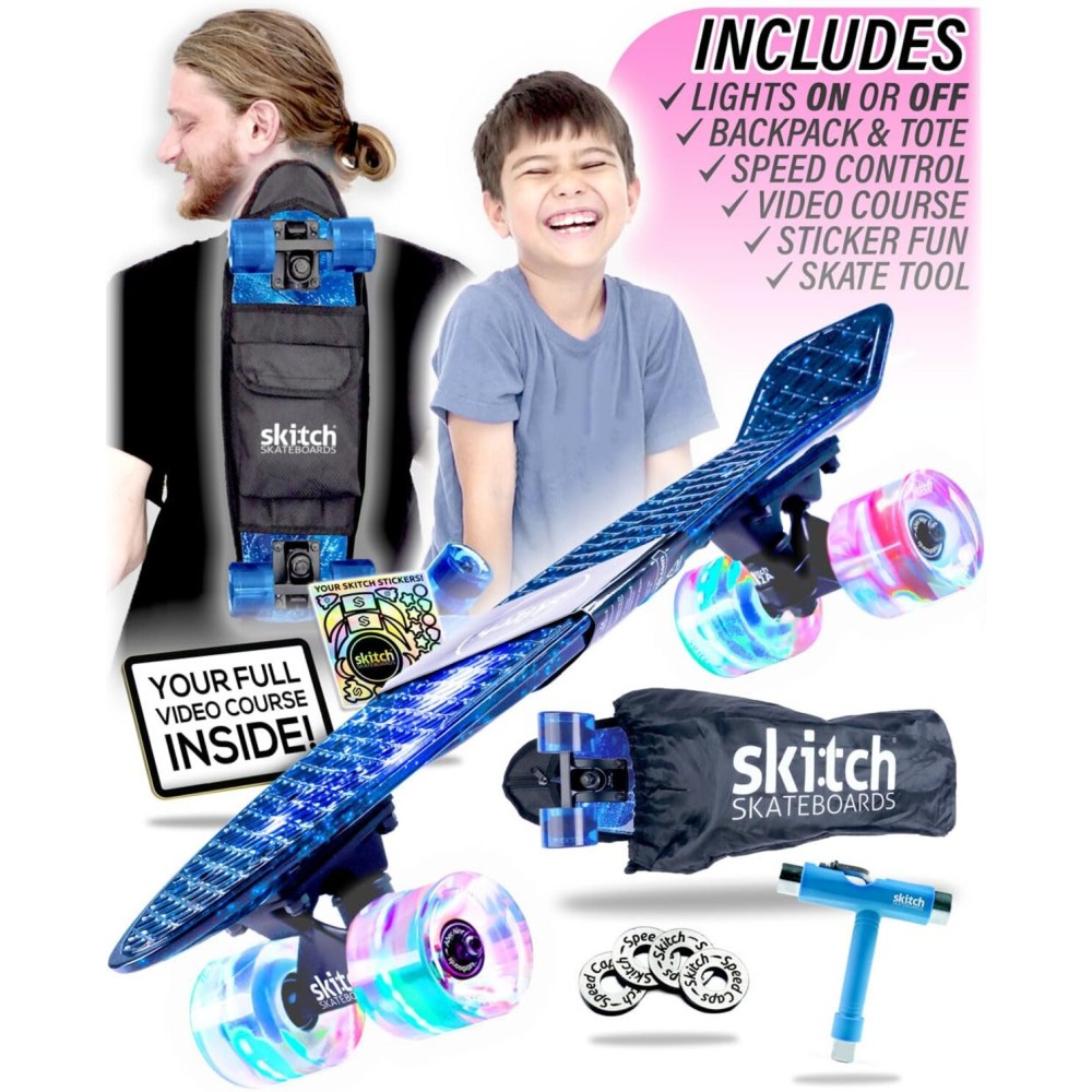 SKITCH Complete Skateboards for Kids Ages 6-12 Beginners Boys Year Old Children Youth Gift Set 22 Inch Penny Board Mini Cruiser ABEC 9 Bearings Skateboard Backpack Bag Skate Tool (Blue Galaxy LED+)