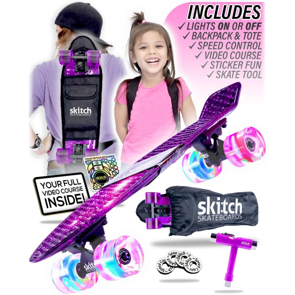 SKITCH Complete Skate Board for Kids 8-12 4-6-8-10 6-12 Year Old Beginner Girls Children Gift Set 22 Inch Penny Board Mini Cruiser Bearing Pink Skateboards Backpack Skate Tool (Purple Galaxy LED+)