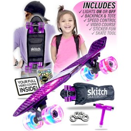 SKITCH Complete Skate Board for Kids 8-12 4-6-8-10 6-12 Year Old Beginner Girls Children Gift Set 22 Inch Penny Board Mini Cruiser Bearing Pink Skateboards Backpack Skate Tool (Purple Galaxy LED+)