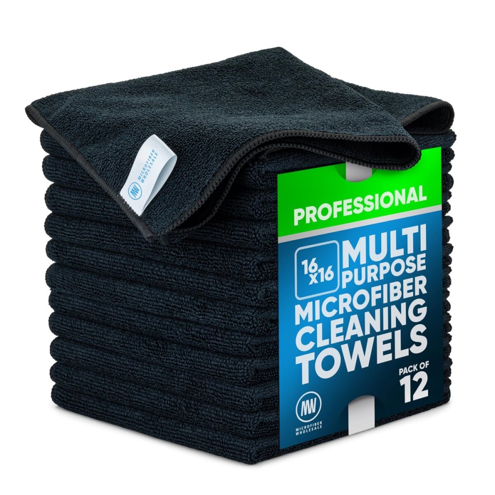 Microfiber Wholesale MW Pro Multi-Surface Microfiber Towel - 12 Pack | Premium Cleaning Cloth | Clean, Dust, Polish, Absorb | Large 16x16 (Black)