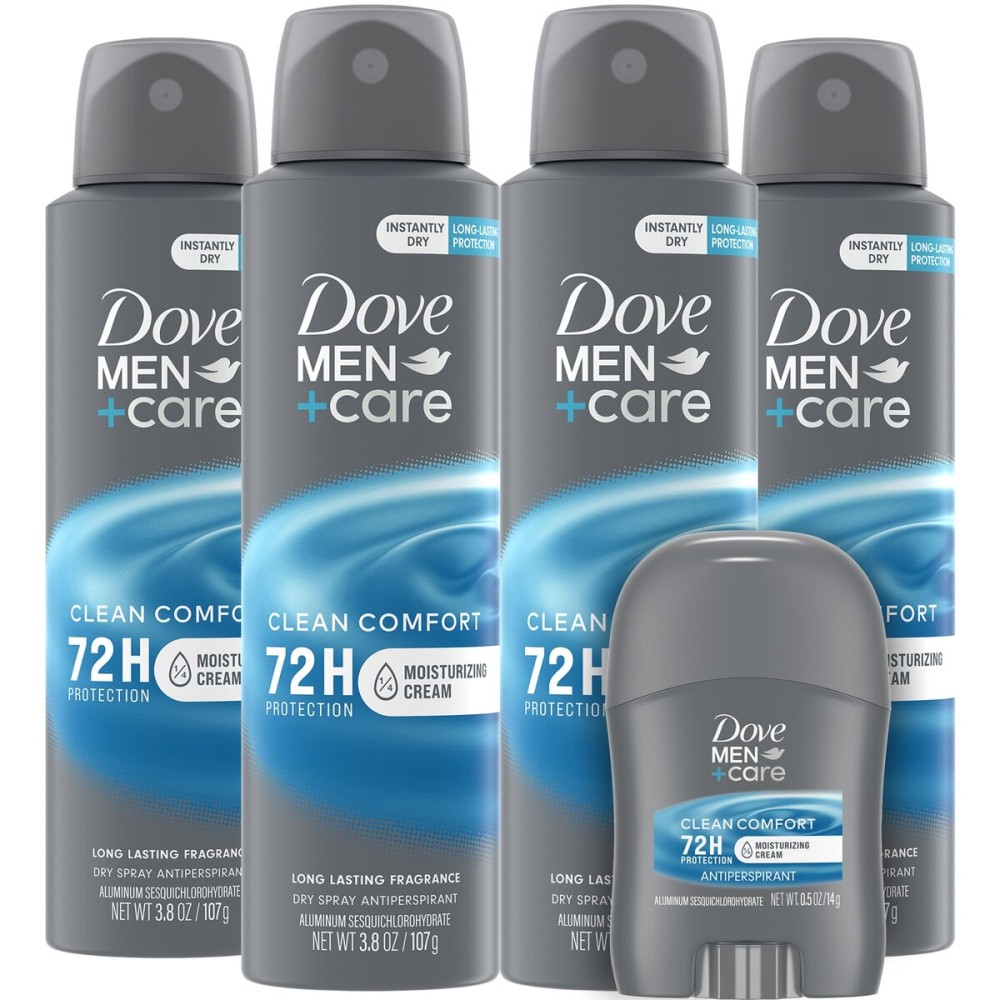 Dove Men+Care Dry Spray Antiperspirant for Men 4-Pack (3.8 Oz Ea) + Travel Deodorant Stick (0.5 Oz) - 72H Protection, Long-Lasting Clean Comfort Fragrance