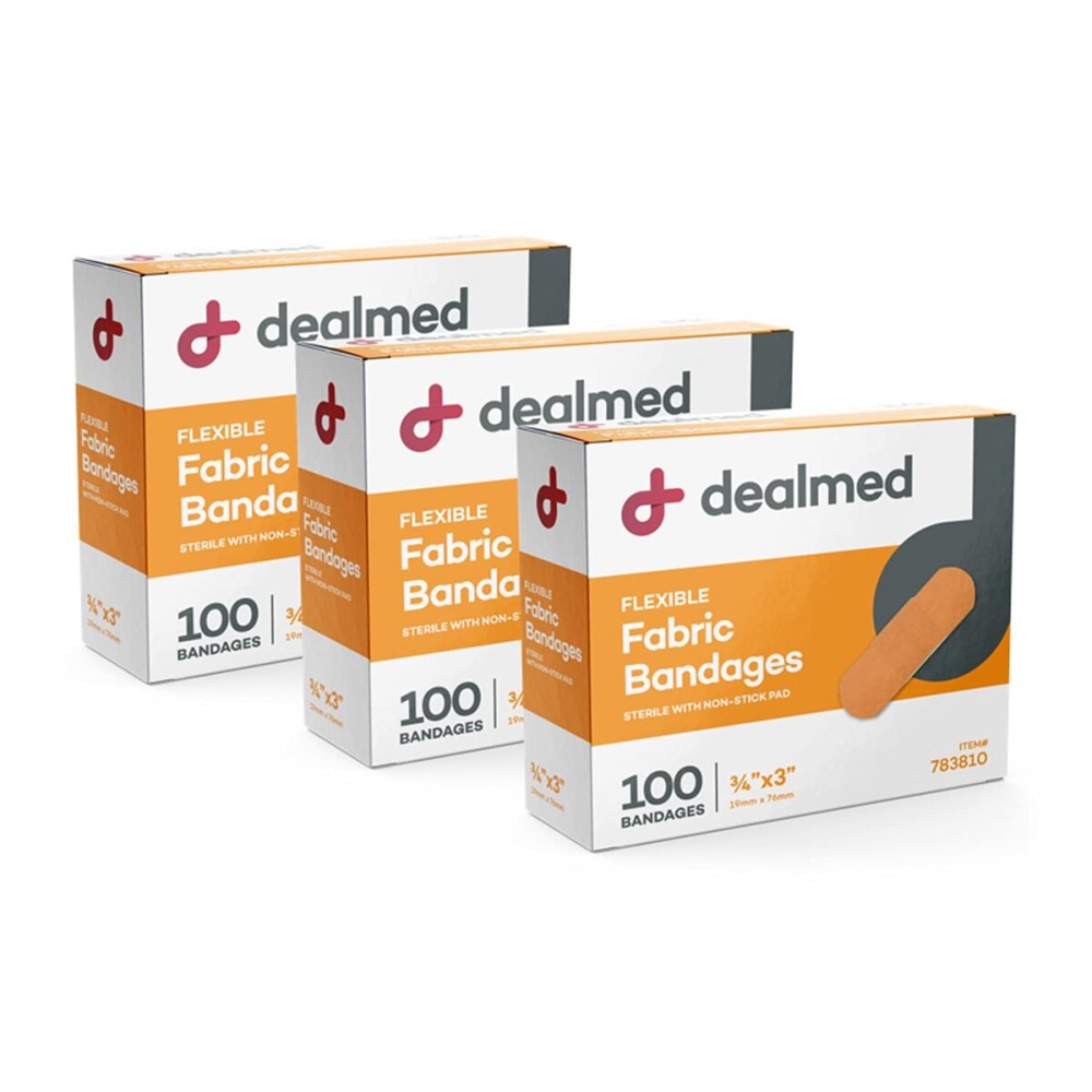 Dealmed Fabric Flexible Adhesive Bandages - 100 Count (3 Pack) Bandages with Non-Stick Pad, Latex Free, Wound Care for First Aid Kit, 3 x 3/4
