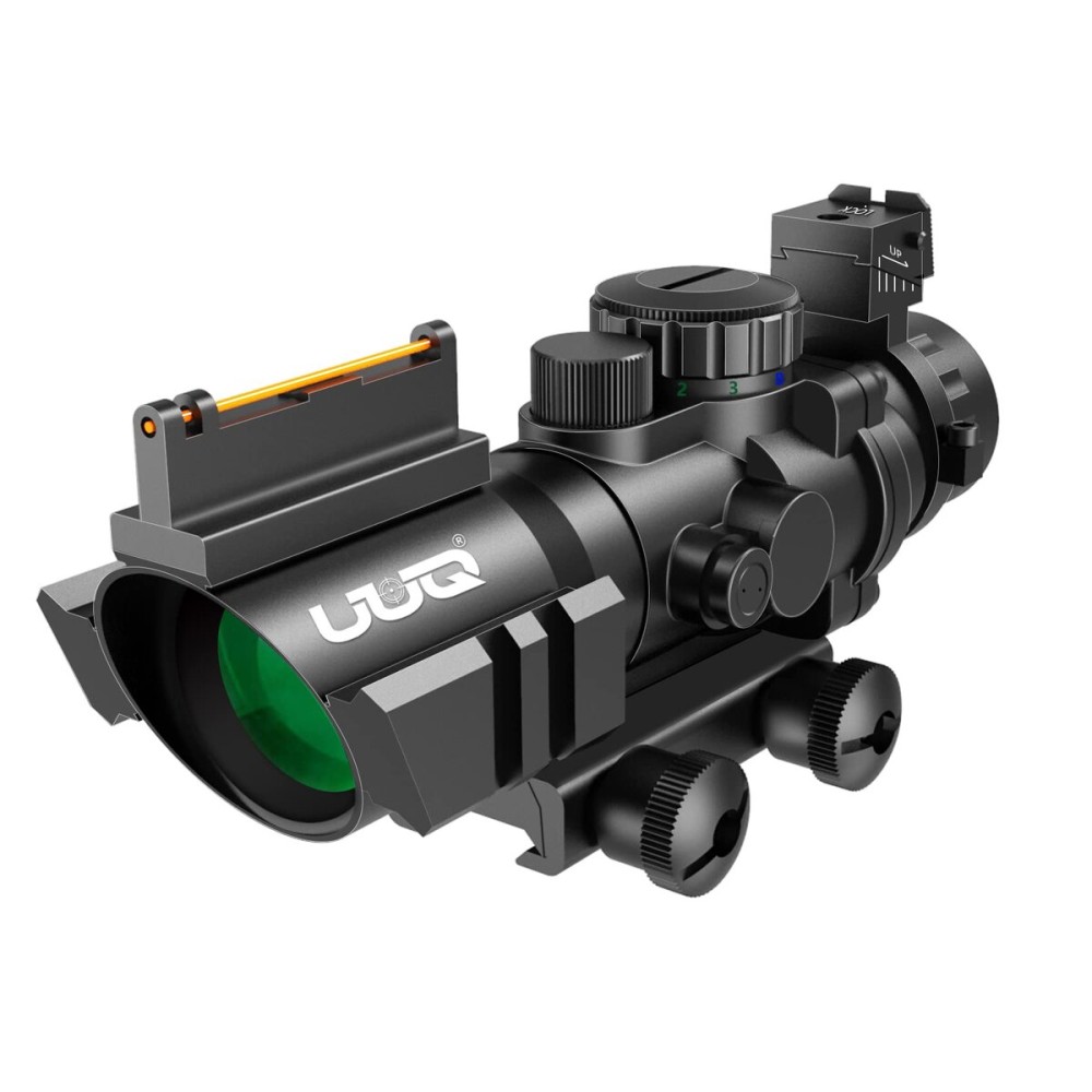 UUQ Prism 4x32 Red/Green/Blue Triple Illuminated Rapid Range Reticle Rifle Scope W/Top Fiber Optic Sight and Weaver Slots (BDC Reticle)