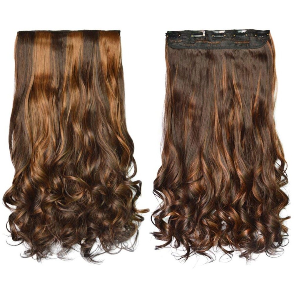 REECHO 20 1-Pack 3/4 Full Head Curly Wave Clips in on Synthetic Hair Extensions HE008 Hairpieces for Women 5 Clips 4.5 Oz per Piece - Dark Brown with Chestnut Highlights
