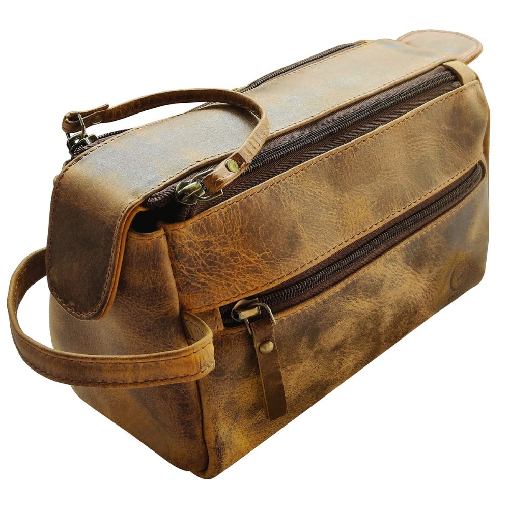 RUSTIC TOWN Leather Toiletry Bag for Men - Hygiene Organizer Travel Ditty Kit (Antique Brown)