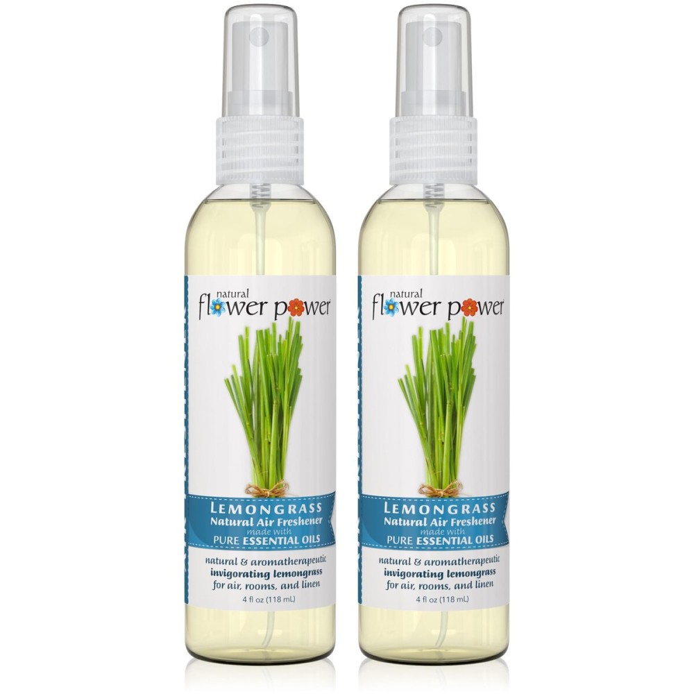 Natural Flower Power Air Freshener Spray | Lemongrass 4 Fl Oz | Pack of 3 | Scented w/ Pure Essential Oils | Non-Aerosol Plant-Based Odor Eliminator | Room, Linen, or Car Spray | Cruelty-Free & Vegan