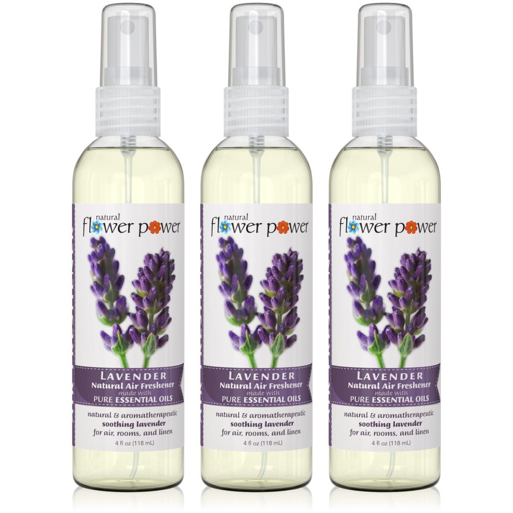 Natural Flower Power Air Freshener Spray - Odor Eliminator with Essential Oils for the Home, Car & Fabric - Cruelty Free & Vegan - 3 Pack - Lavender - 3 x 4 oz