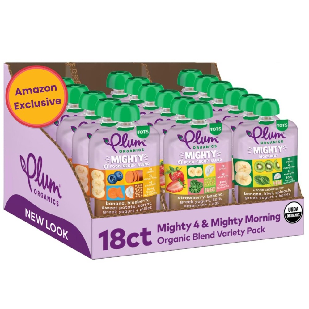 Plum Organics Variety Pack, 12+ Months - Toddlers Taste Adventure & Sunrise Pack - Mighty 4 & Mighty Morning Organic Fruit & Veggie Pouches - 4 oz Pouch, Pack of 18 (Amazon Exclusive)