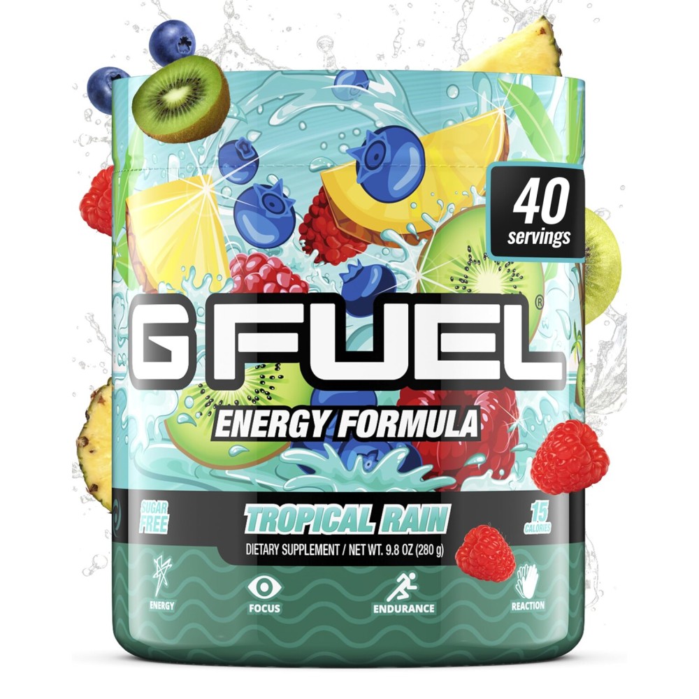 Gamma Labs G Fuel Tropical Rain Energy Drink Powder, Pre Workout Caffeine Powder, Energy Powder Drink Mix for Gaming, Sugar Free Focus Amino, Vitamin + Antioxidants, 9.8oz (Fruit Medley, 40 Servings)