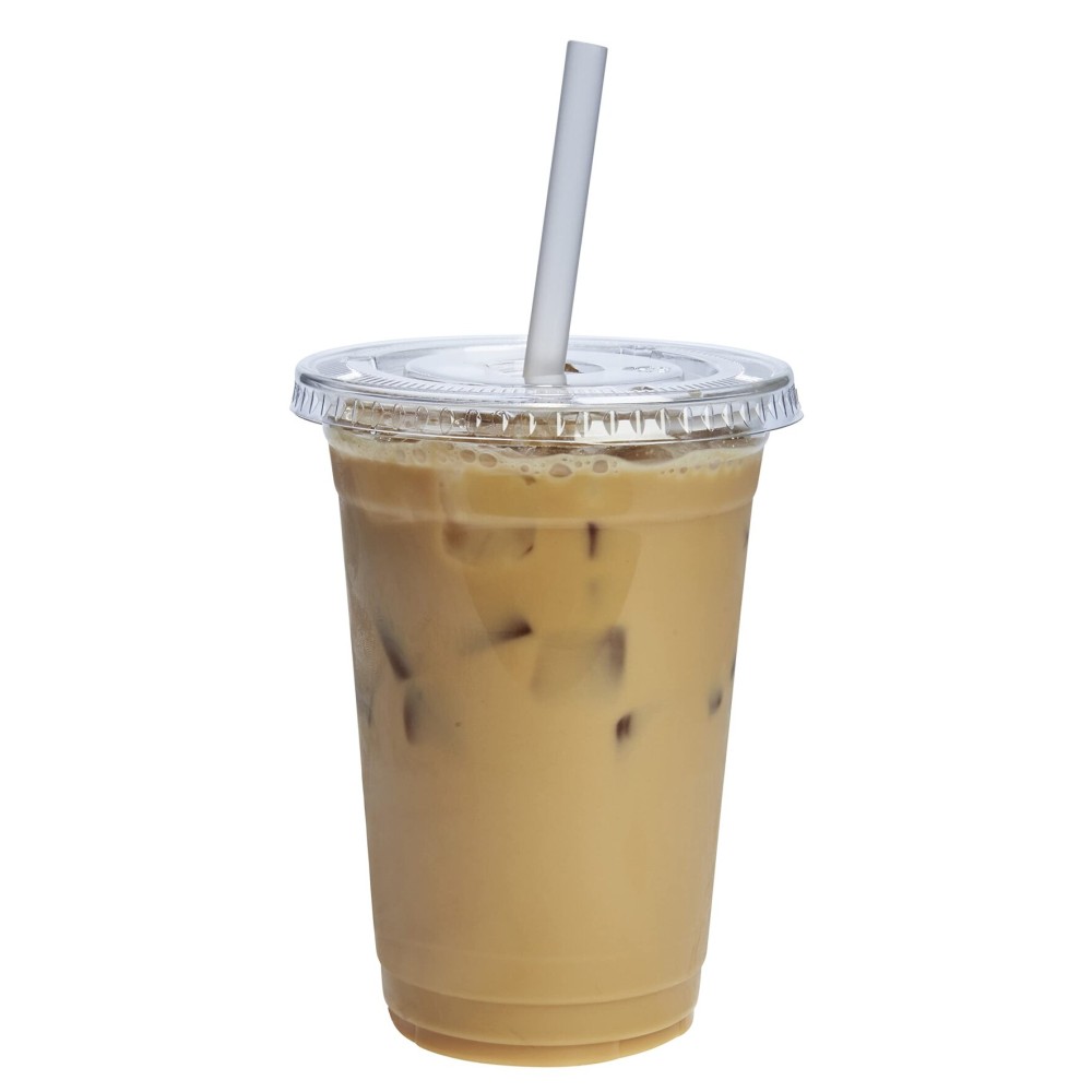 GUSTO Clear Plastic Cups with Flat Lids [20 oz - 50 Count] - Disposable Iced Coffee Cups with Lids - PET Plastic Cold Cups for Smoothies, Juices & To-Go Drinks - Formerly Comfy Package
