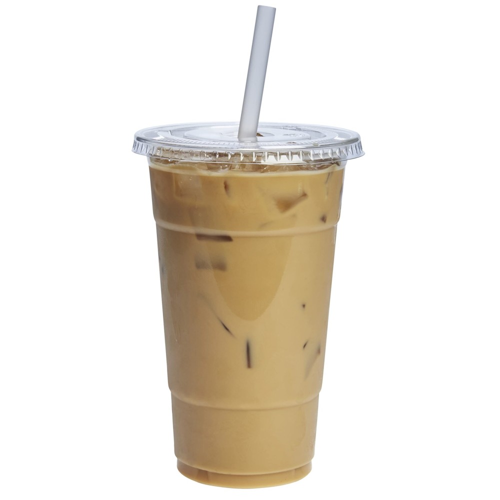 GUSTO Clear Plastic Cups with Flat Lids [24 oz - 50 Count] - Disposable Iced Coffee Cups with Lids - PET Plastic Cold Cups for Smoothies, Juices & To-Go Drinks - Formerly Comfy Package