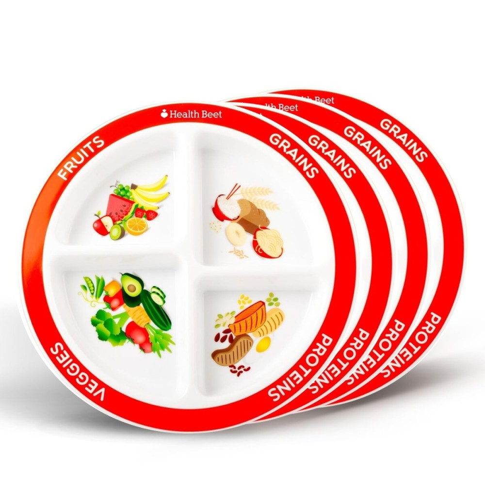 Health Beet MyPlate Portion Control Plate - 4 Divided Sections for Fruit Grains Veggies Proteins - Dishwasher & Microwave Safe Sectioned Plates for Health Education (Set of 4)