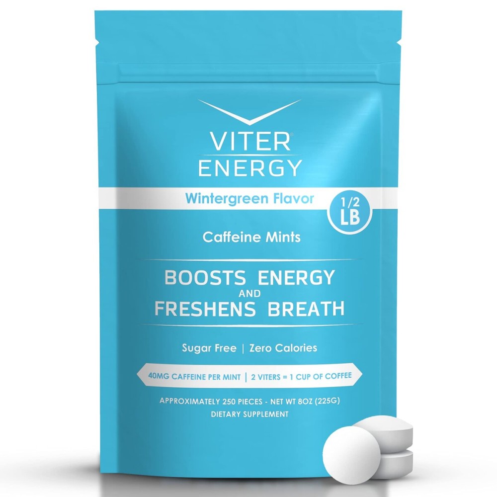 Viter Energy 40mg Caffeine Mints - Sugar Free, B Vitamins, Vegan, Boosts Fast Energized Alert Focus, Caffeinated Nootropic Supplement Pills (Wintergreen Flavor, 8oz, Bulk Bag)