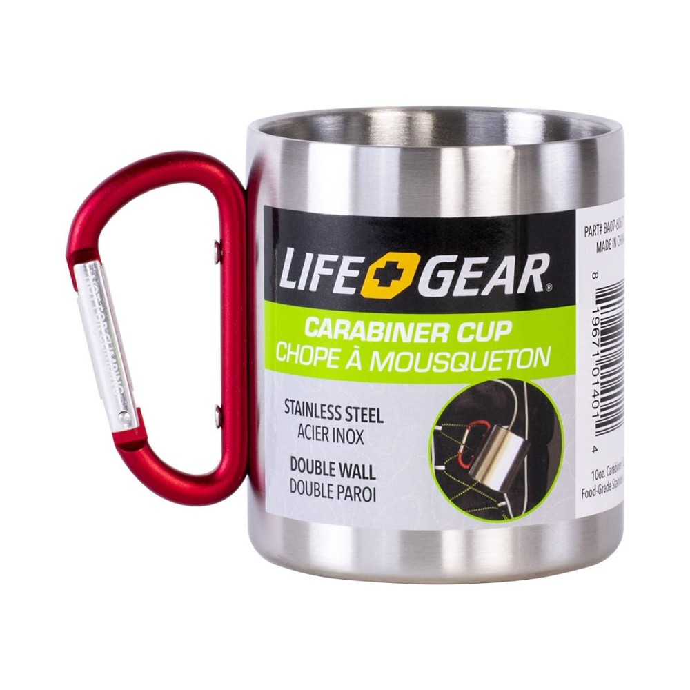 Life Gear Stainless Steel Double Walled Mug with Carabiner Handle - Portable Rockclimbing, Hiking, Backpacking or Camping Travel Cup 10 oz