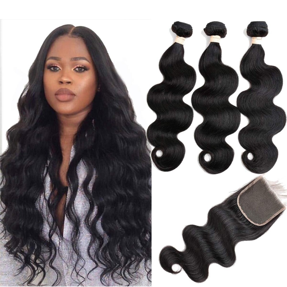 Beauhair Brazilian Body Wave Virgin Human Hair Bundles with Lace Closure(14 16 18 with14 Closure) Human Hair Unprocessed Body Wave Hair Bundles with Closure 4X4 Lace Free Part Natural Black Hair