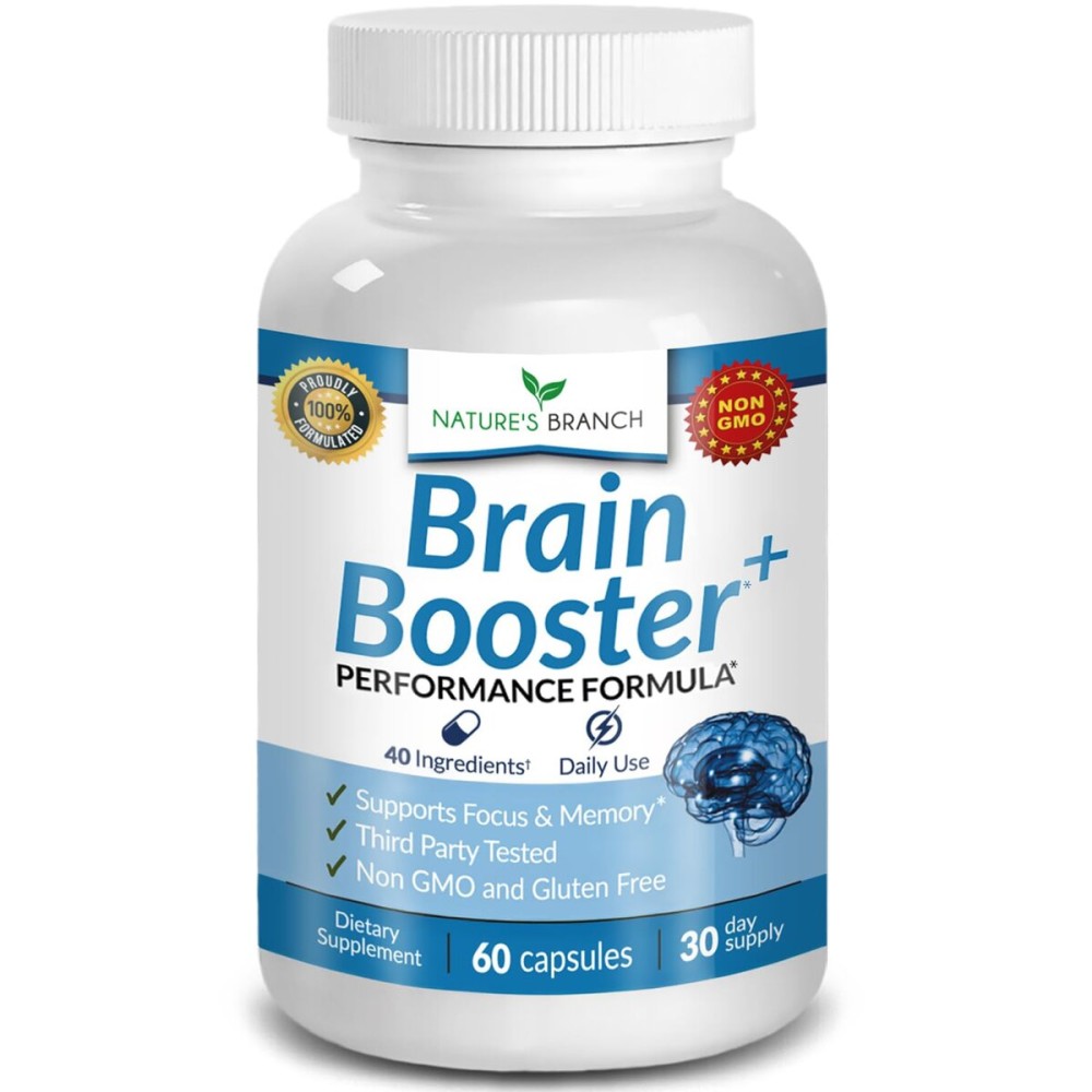 40-in-1 Brain Booster Supplement for Focus, Memory, Clarity, Energy | Advanced Vitamins Plus eBook | for Men & Women, Cognitive Function Nootropic Support with DMAE, Mind Health Formula | 60 Capsules