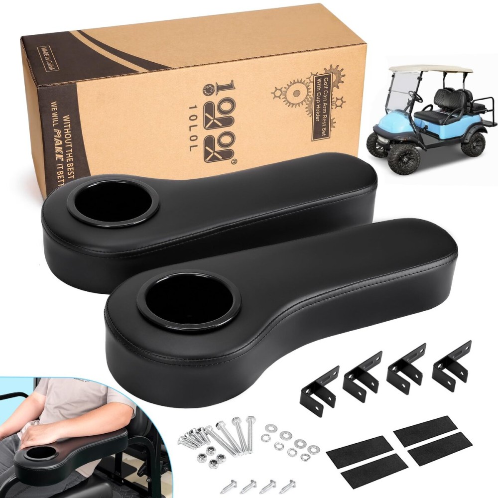 10L0L Golf Cart Rear Seat Kit Arm Rest Set with Cup Holder EzGo Yamaha Drilling Required or Drilling No Required Kits Include - Black