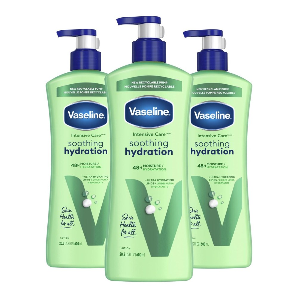 Vaseline Intensive Care Body Lotion for Dry Skin Soothing Hydration Lotion Made with Ultra-Hydrating Lipids + 1% Aloe Vera Extract to Refresh Dehydrated Skin 20.3 oz, Pack of 3 (packaging May Vary)