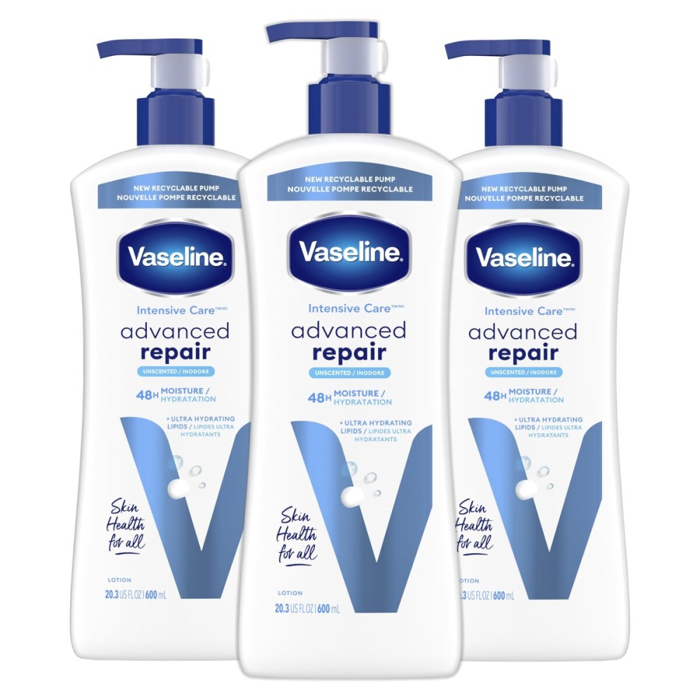 Vaseline Intensive Care Unscented Advanced Repair Body Lotion - Ultra-Hydrating with Lipids for Extremely Dry Skin, 20.3 oz, Pack of 3