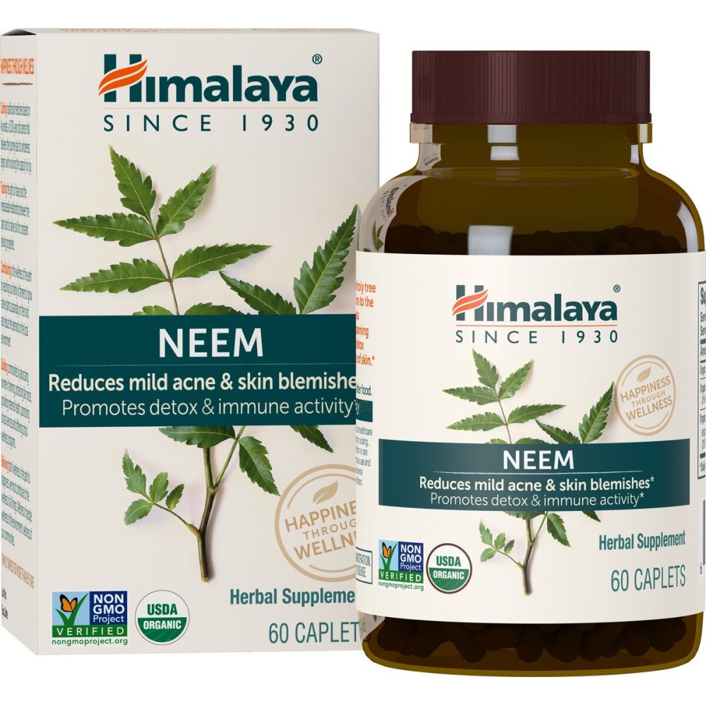 Himalaya Organic Neem, 60 Day Supply - Herbal Acne Supplements Supporting Clear Skin and Detox - USDA Organic, Vegan, Non-GMO, Gluten Free, 600 mg, 60 Caplets
